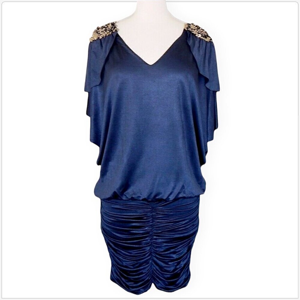 Bebe Addiction Dark Blue Slinky Stretch Ruched Skirt Silver Jeweled Dress XS